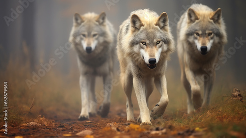 a pack of wolves in the autumn forest   frontal view of wildlife  predators hunting  fear of the attack of wild animals