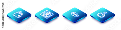 Set Isometric line Wallet with coin, Computer cooler, American Football ball and Test tube and flask icon. Vector