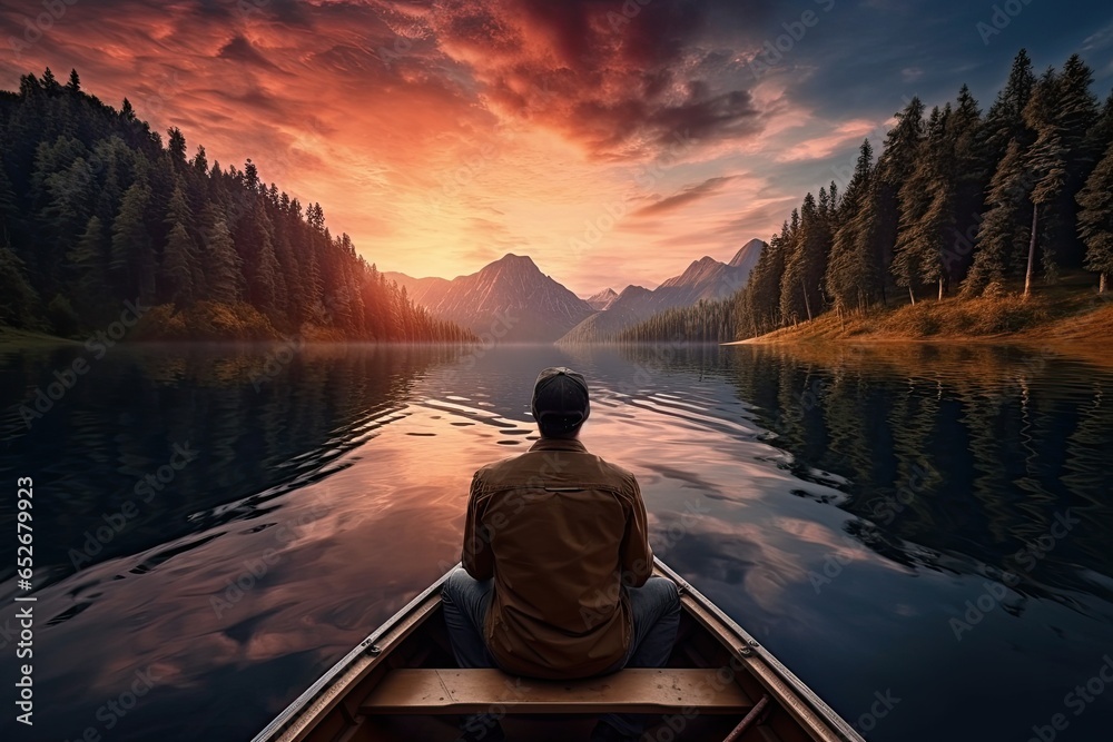 man in a boat on peaceful lake at sunset outdoor adventure
