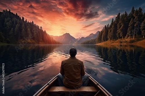 man in a boat on peaceful lake at sunset outdoor adventure