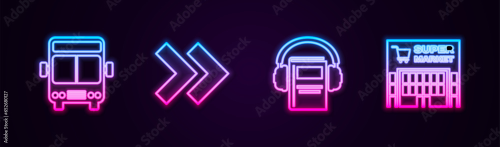 Set line Bus, Arrow, Audio book and Supermarket building. Glowing neon icon. Vector Set line Bus, Arrow, Audio book and Supermarket building. Glowing neon icon. Vector