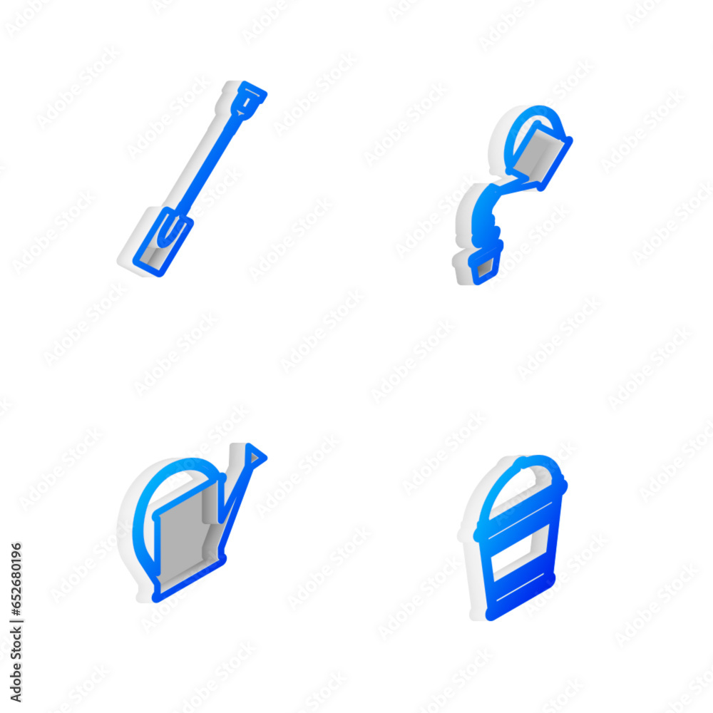 Set Isometric line Watering can, Garden shovel, and Bucket icon. Vector
