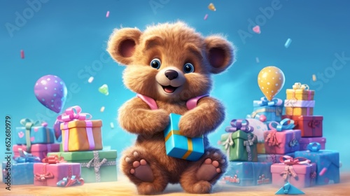 cartoon little bear with gift packages, birthday greeting card