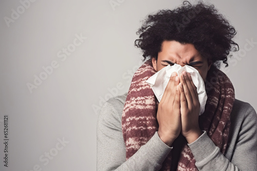 Young Latin man with the flu blowing his nose using a tissue photo