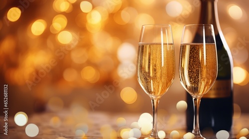 champagne glasses and bottle for party celebration with copy space
