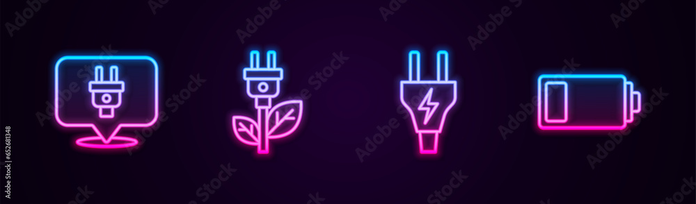 Set line Electric plug, saving in leaf, and Battery. Glowing neon icon. Vector Set line Electric plug, saving in leaf, and Battery. Glowing neon icon. Vector