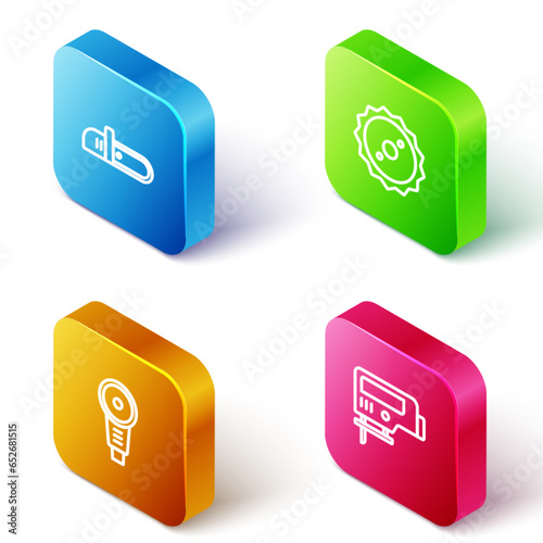 Set Isometric line Chainsaw, Circular blade, Angle grinder and Electric jigsaw icon. Vector