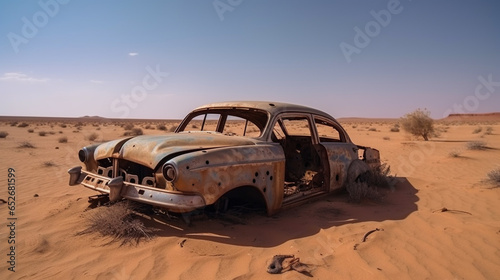 old classic wreck of retro car left rusty abandoned in the sahara desert,