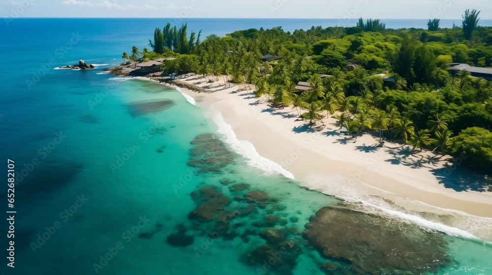 Aerial view: tropical island, sandy beaches, palm trees.