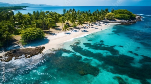 Aerial view: tropical island, sandy beaches, palm trees.