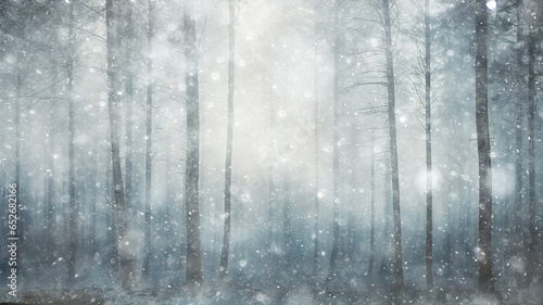 background landscape snowfall in foggy forest  winter view  blurred forest in snowfall with copy space