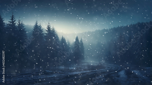 landscape night snowfall in a winter forest, panorama of a blurred background night in a blue coniferous forest swept by snow