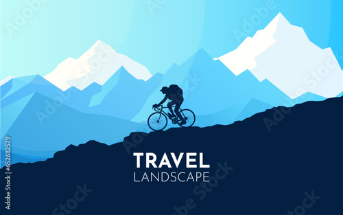 Mountain biking. Silhouette of mountain female bike rider in wild nature landscape. Mountains, forest in background. Cyclist. Bicyclist, downhill, and off road cycling. Vector illustration 