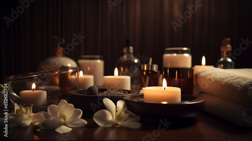 spa or meditation massage therapy center table setting of aromatic candles towels and oil bottles and flowers