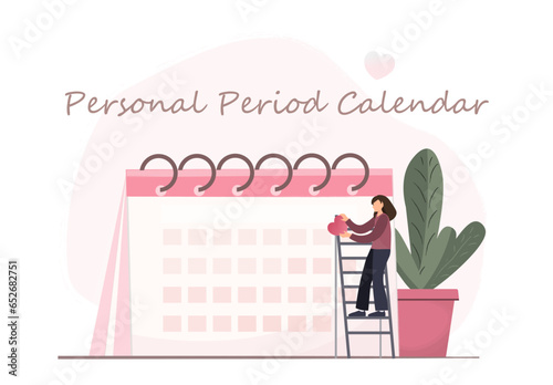 Person standing near personal period calendar, calendar for menstruation control and pregnancy planning, woman holding mobile phone scheduling period with marked days, women cycle tracker, vector 