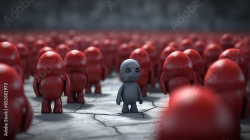 Standing out from the crowd, tiny gray mascot between many red ones,