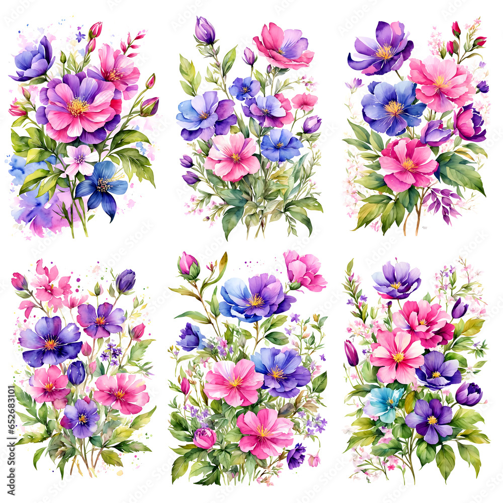 set of watercolor painting of a purple, pink, blue of wildflower, cute style, green leaves, color splash, hand drawing, white background.AI Generative