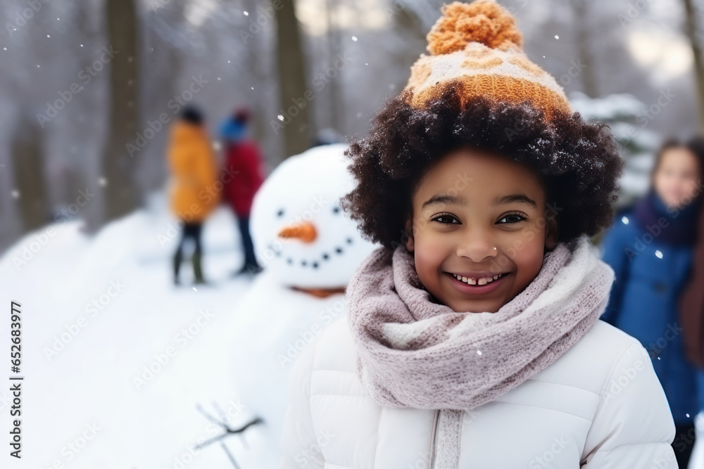 Obraz premium African girl building snowman at the park in winter
