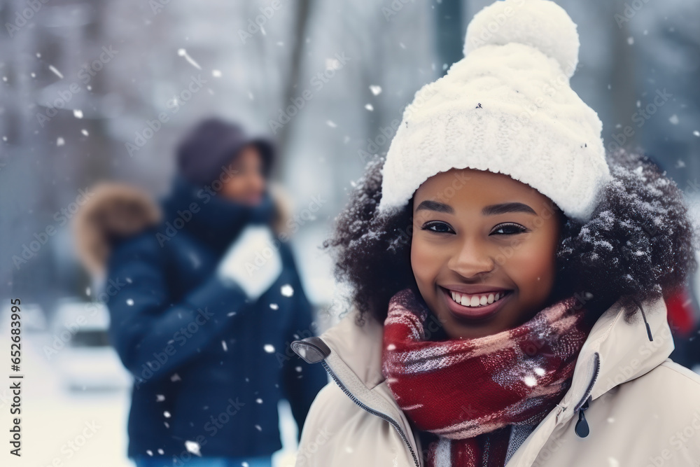 African girl building snowman at the park in winter African girl building snowman at the park in winter