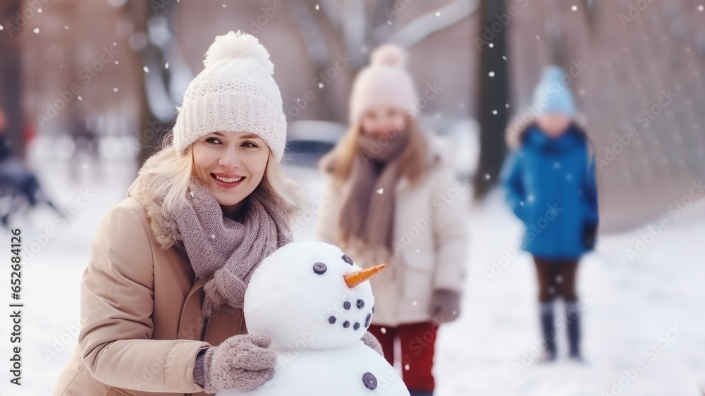Blonde family building snowman at the park in winter