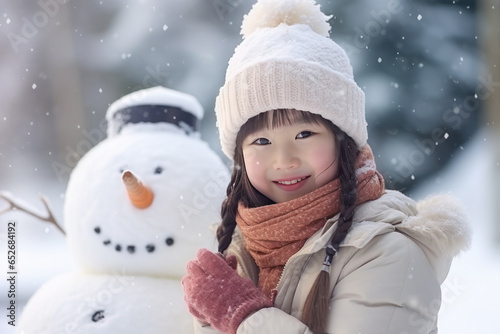 Asian japanese girl building snowman at the park in winter
