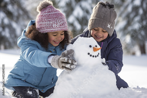 Latin family building snowman at the park in winter photo