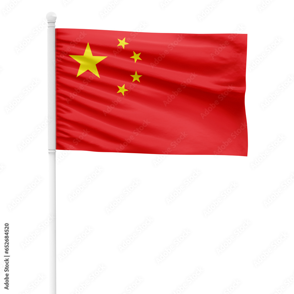 China flag isolated on cutout background. Waving the China flag on a white metal pole. China flag isolated on cutout background. Waving the China flag on a white metal pole.