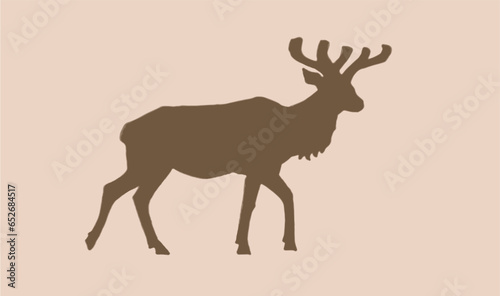 Graphical ink pen silhouette of deer on sepia background, vector vintage illustration. 