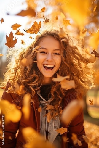 A happy youth woman in trend autumn clothes kicking many autumn leafs. Generative AI