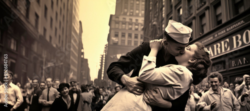 1945 World War II Victory Celebration: A Crowd's Joyful Moments Captured as a Soldier Embraces His Nurse Girlfriend in Sepia

