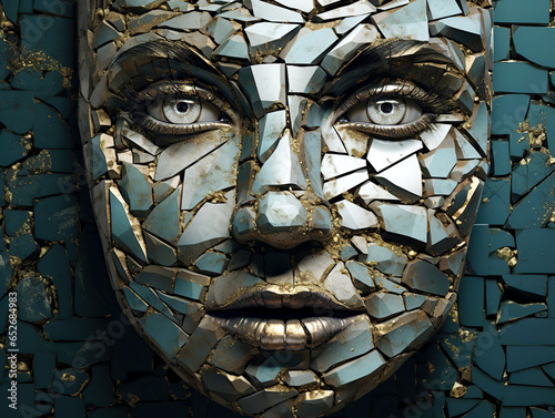 Abstract face of a serious woman made from broken pieces, shatters of stone tiles.