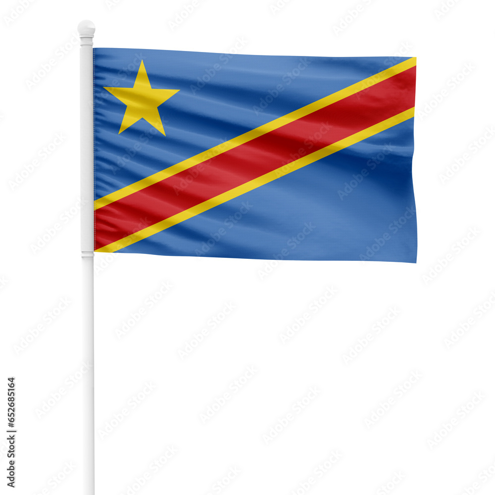 Fototapeta premium Democratic Republic of the Congo flag isolated on cutout background. Democratic Republic of the Congo flag on a white metal pole.