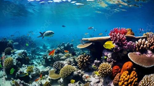 Coral reef teeming with colorful fish, turtles, intricate formations