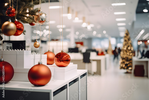 An abstract blurred office interior background at the reception center  beautifully adorned with Christmas lights and traditional French holiday decor. Capture the festive Parisian charm.