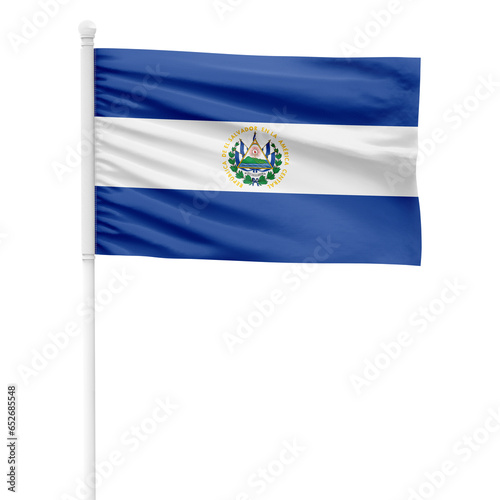 El Salvador flag isolated on cutout background. Waving the El Salvador flag on a white metal pole.