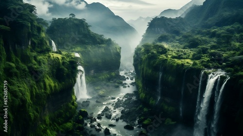 Stunning aerial view  cascading waterfalls amidst lush forest