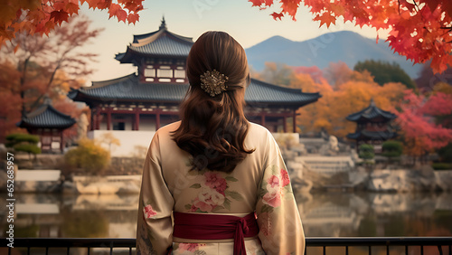 Autumn in Korean national clothes. photo