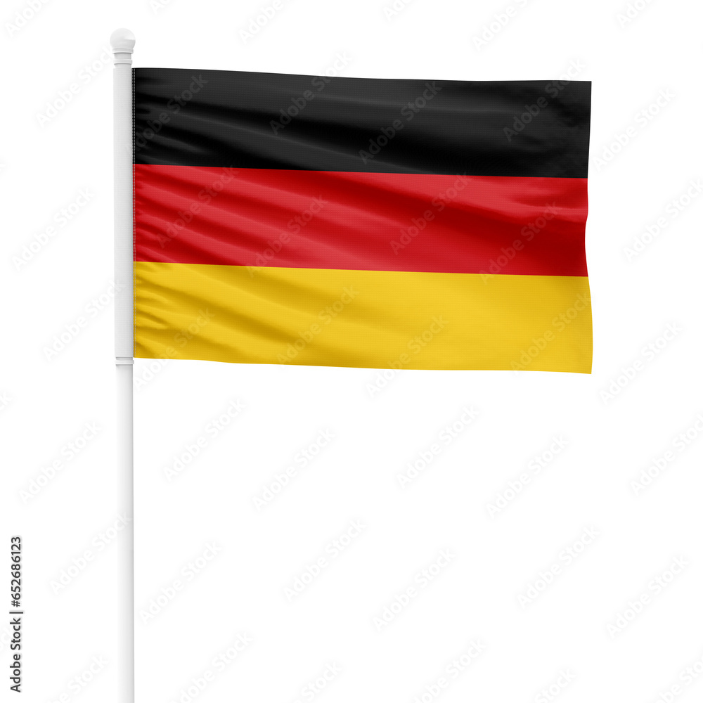 Germany flag isolated on cutout background. Waving the Germany flag on a white metal pole. Germany flag isolated on cutout background. Waving the Germany flag on a white metal pole.