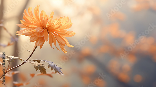 autumn chrysanthemum flower on the background of a foggy morning in soft color pastel tones, gentle autumn background of nature