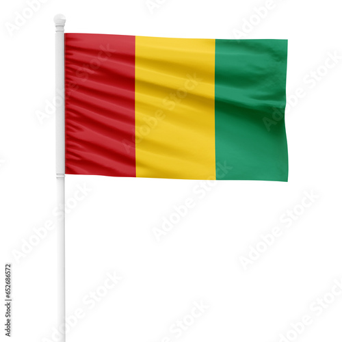 Guinea flag isolated on cutout background. Waving the Guinea flag on a white metal pole.