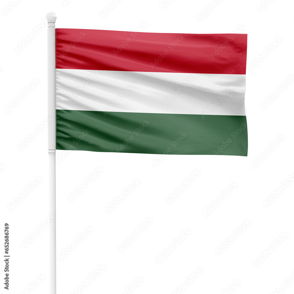 Hungary flag isolated on cutout background. Waving the Hungary flag on a white metal pole.
