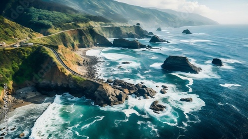 Aerial view of scenic coastal area: cliffs, rocks, crashing waves