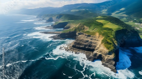 Aerial view of scenic coastal area: cliffs, rocks, crashing waves