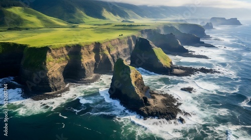 Aerial view of scenic coastal area: cliffs, rocks, crashing waves