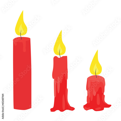 Wax candles with flame in different stages of burn. Buring wax candles illustration. Paraffin candle with fire and wax drips. Flat vector in cartoon style isolated on white background.