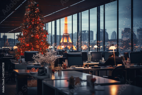 An abstract blurred office interior background at the reception center, beautifully adorned with Christmas lights and traditional French holiday decor. Capture the festive Parisian charm.