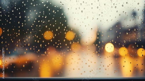 Blurred raindrops on windowpane, evoking cozy rainy day