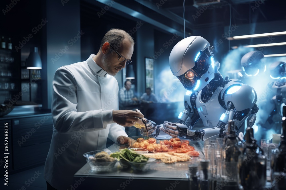Human and AI Symbiosis in Advanced Urban Landscapes. Futuristic Background with Smart Robots and Androids. Human and AI Symbiosis in Advanced Urban Landscapes. Futuristic Background with Smart Robots and Androids.
