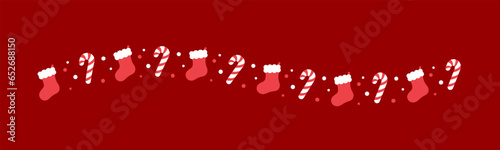 Christmas themed decorative wavy line border and text divider, Christmas Stocking and Candy Cane Pattern. Vector Illustration.