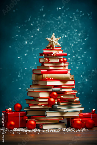 A Christmas tree made of books in colorful fabric covers. Christmas and New Year, education, book publishing, reading, vintage style.